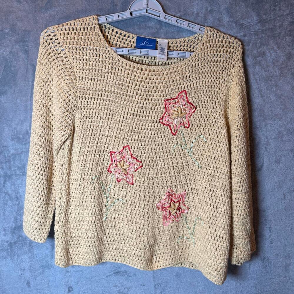 JH Collectibles Crochet Sweater L Floral Ribbon Beaded Cottagecore Boho